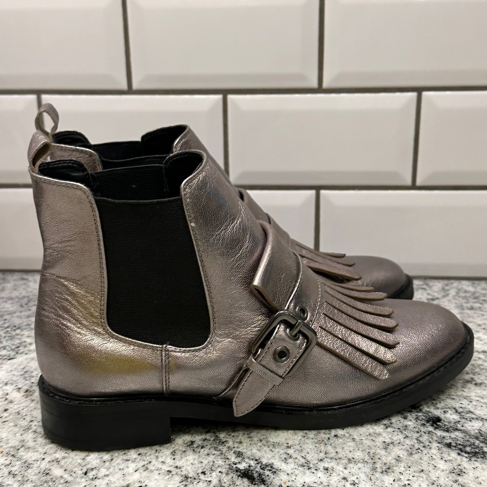 Marc Fisher Womens 7.5 Ankle Boots Pewter Metallic Kiltie Fringe Monk Strap Moto - Picture 4 of 8